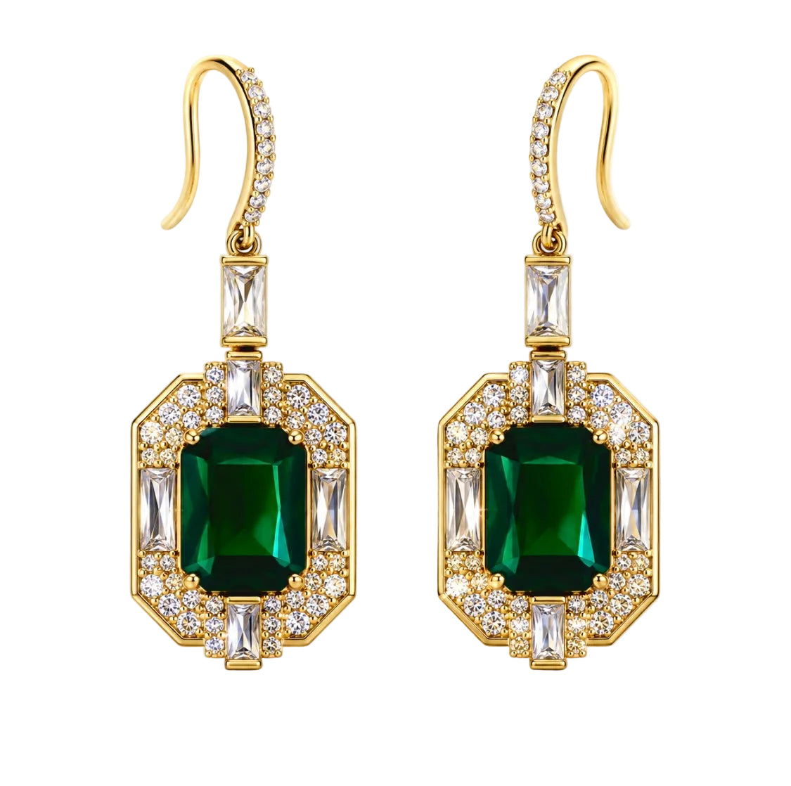 A pair of gold drop earrings featuring large emerald-cut green center stones surrounded by clear baguette and round crystals, set against a plain white background.