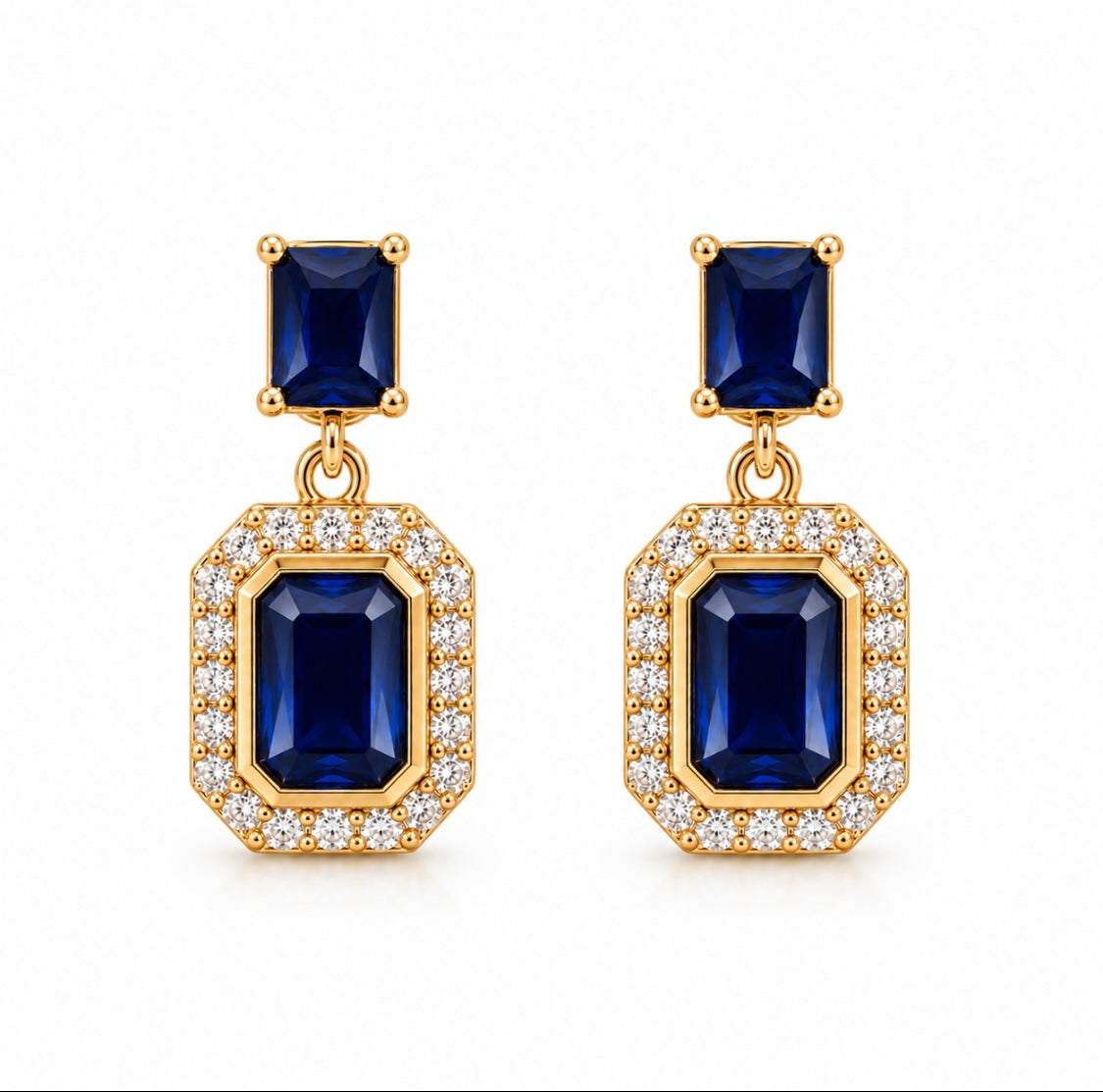 18ct Sapphire Emerald Cut Drop Earrings