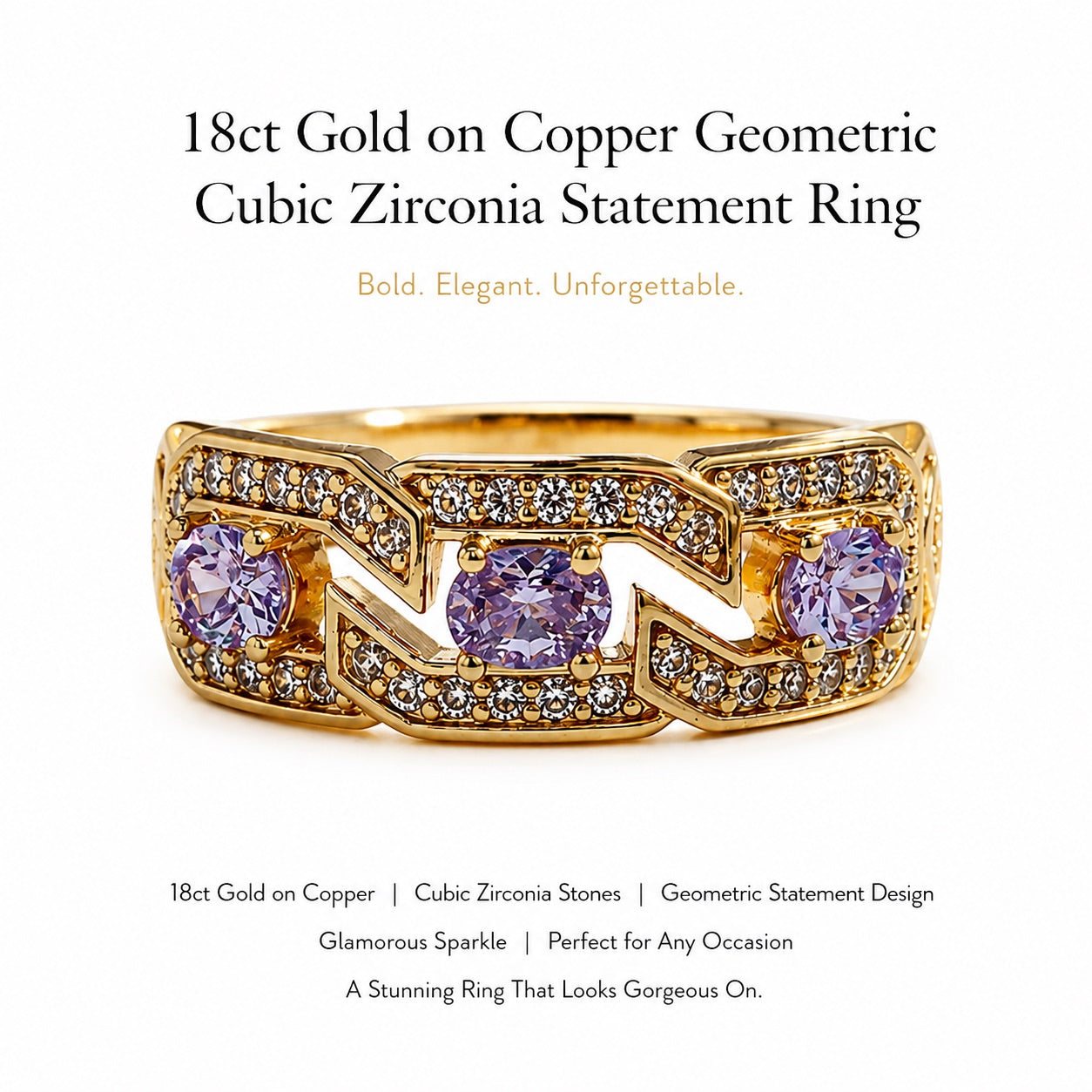 18ct Gold on Copper Geometric Cubic Zirconia Statement Ring