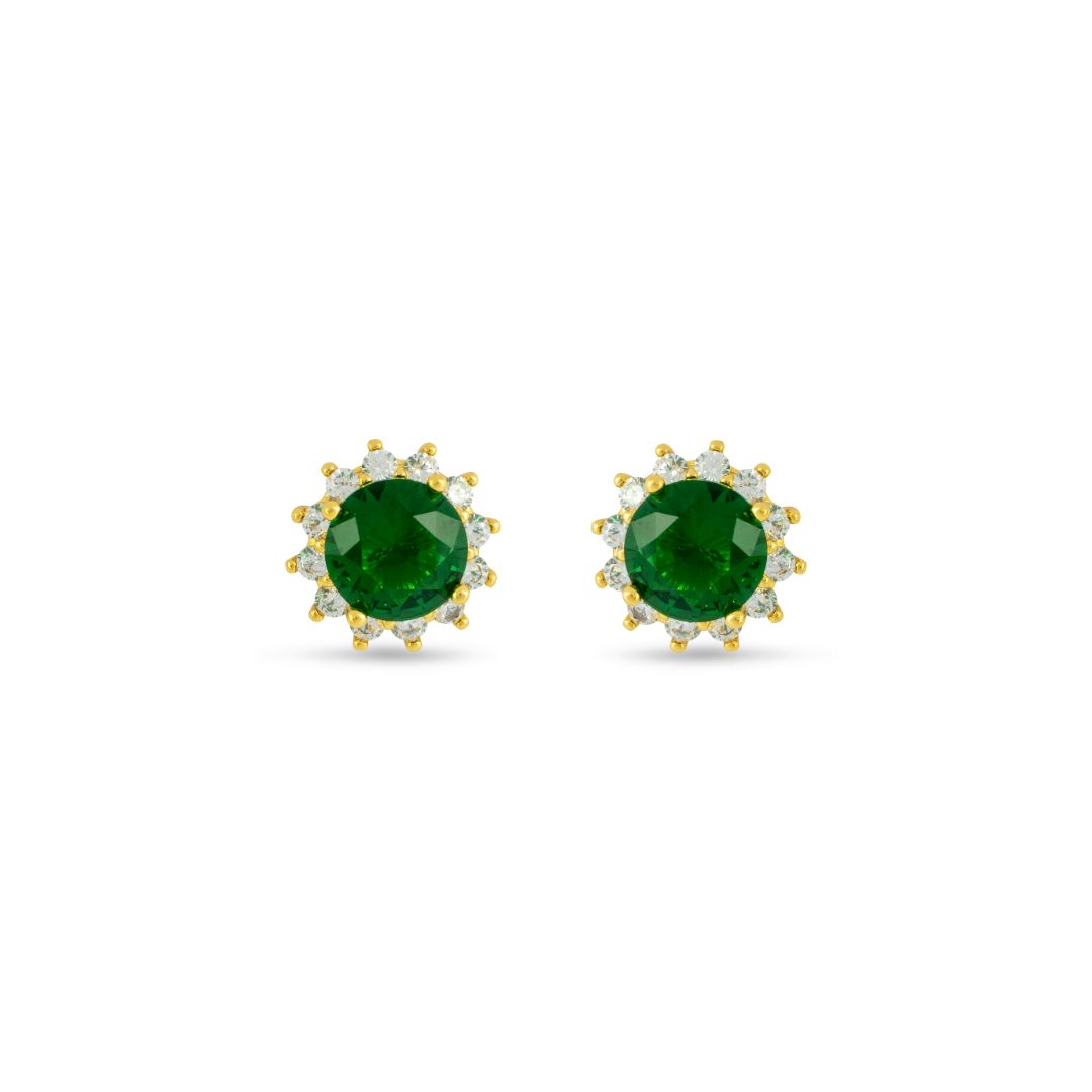 Bright Emerald Green Studs with Shimmering Halo of Clear Stones and 24ct Gold Finish - Love & Lilly Jewellery