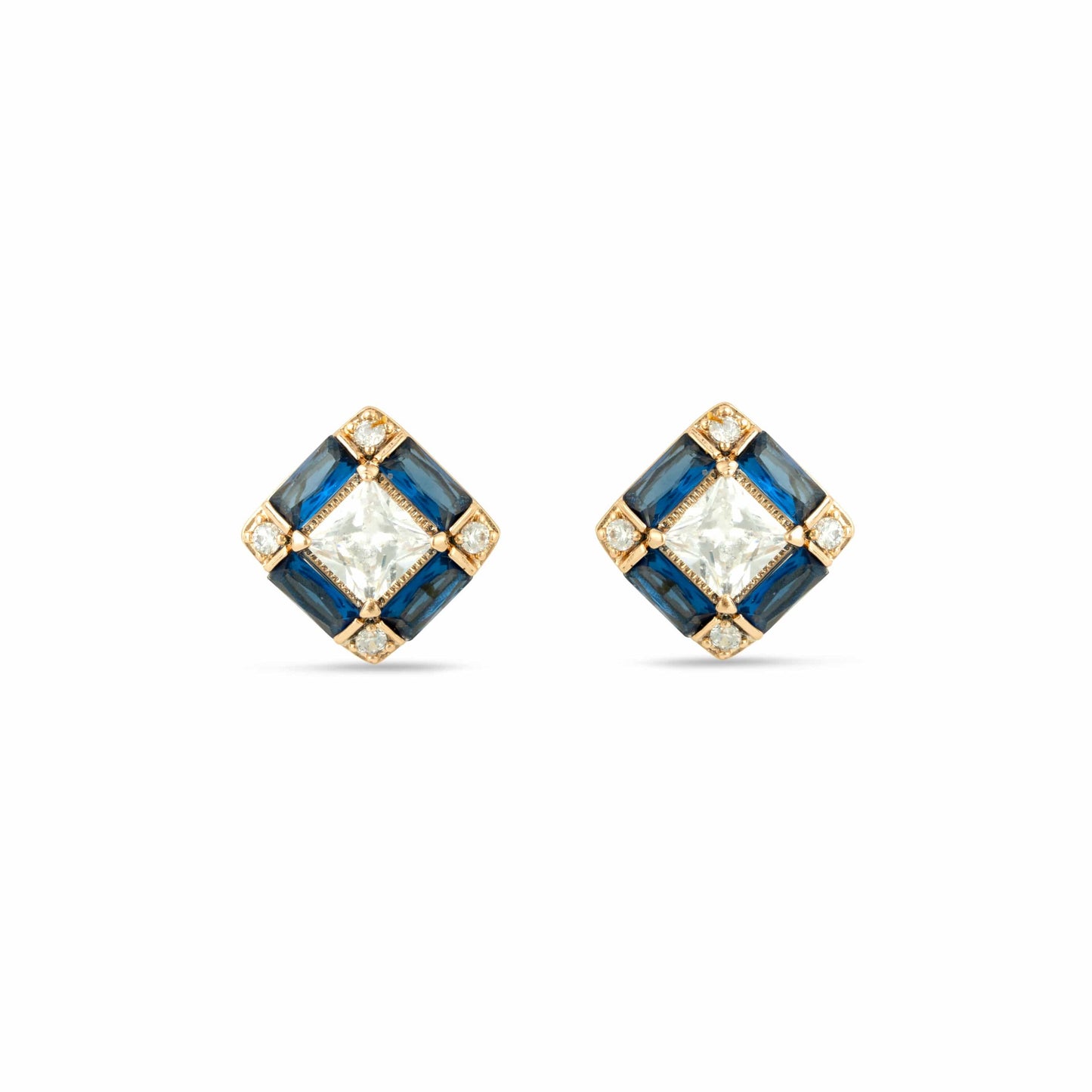 Gold Stud Earrings with Blue and Clear Cubic Zirconia Crystals - Love & Lilly Jewellery