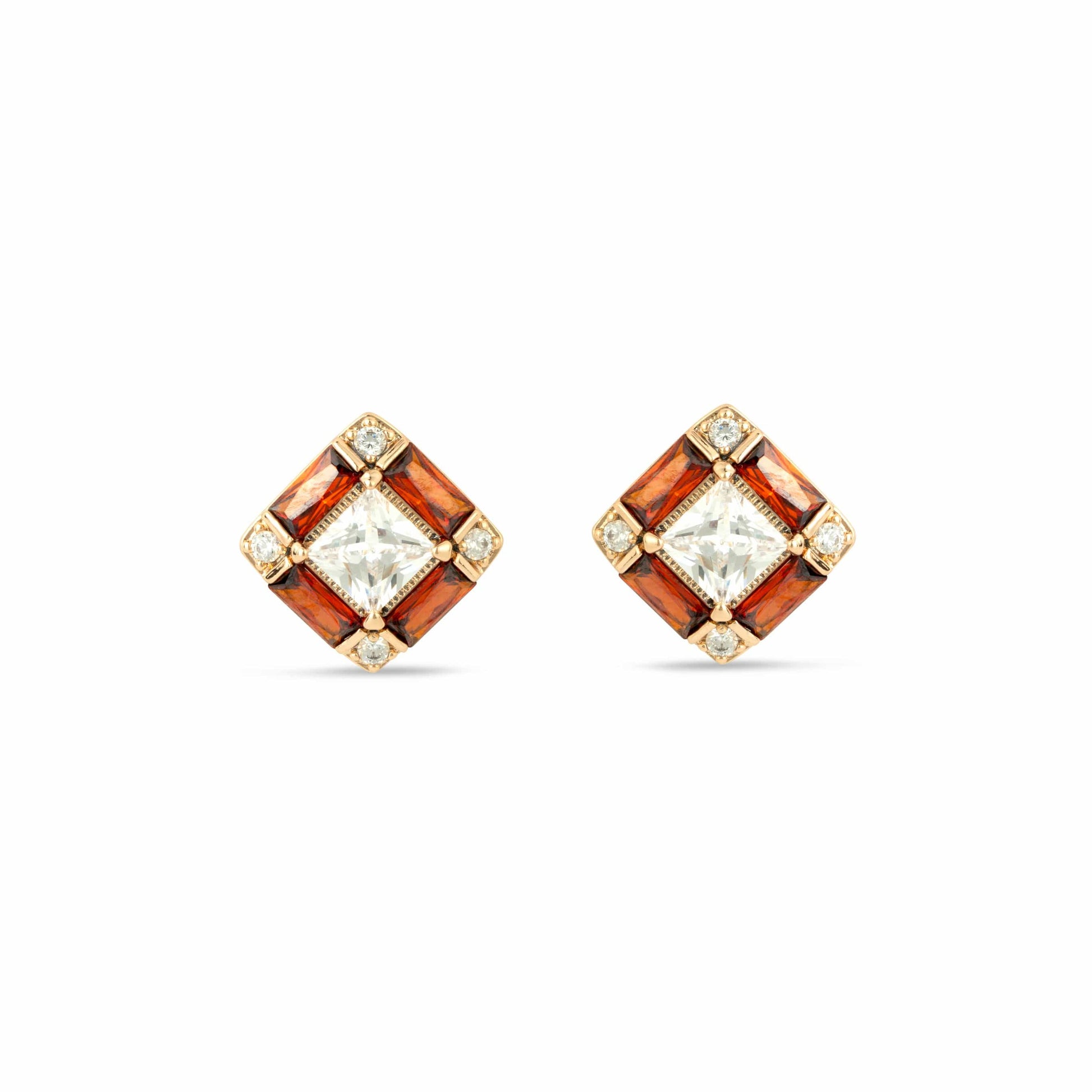 Gold Stud Earrings with Red and Clear Cubic Zirconia Crystals - Love & Lilly Jewellery