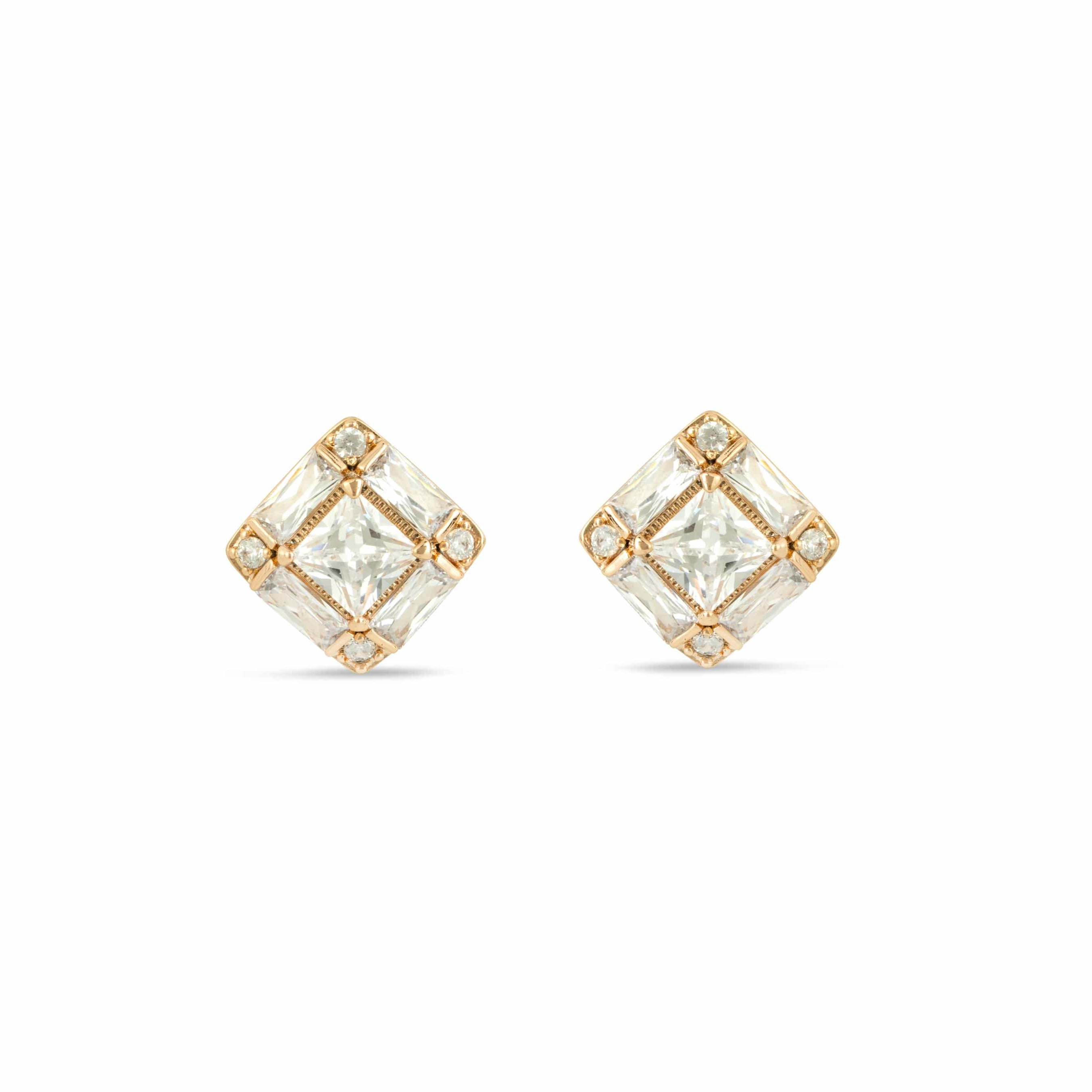 Gold Stud Earrings with Clear Cubic Zirconia Crystals - Love & Lilly Jewellery