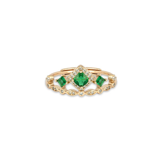 Gold tones and Emerald Green Stones in a Tiara Designed Adjustable Ring - Love & Lilly Jewellery
