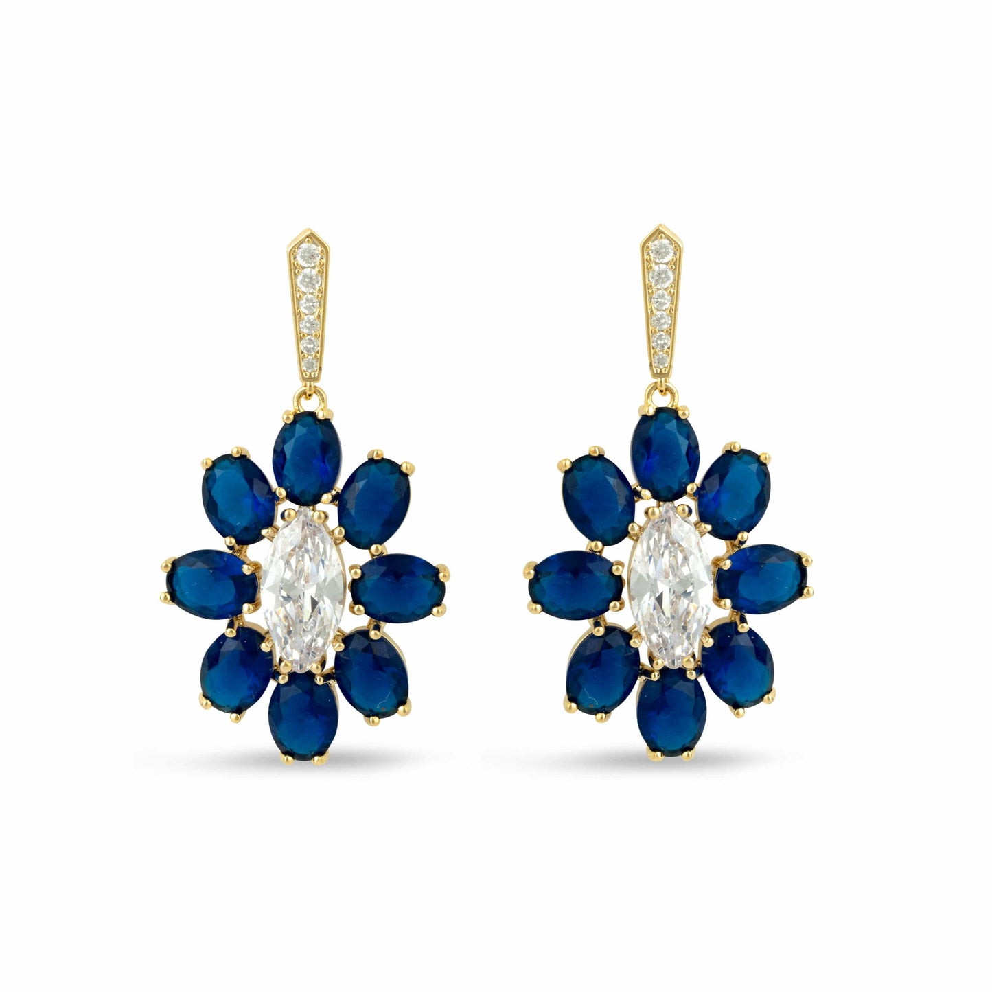 Gold Daisy Drop Earrings with Blue and Clear Crystals - Love & Lilly Jewellery