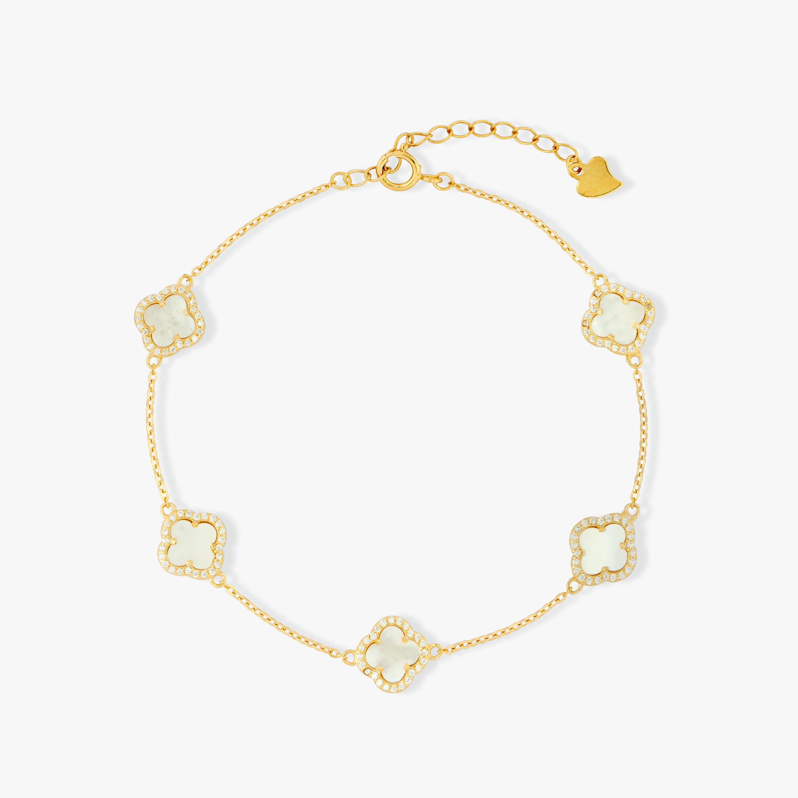 Love and Lilly Jewellery Mother of Pearl and 925 Silver Mini Clover Bracelet, with a Crystal Surround and Gold Finish