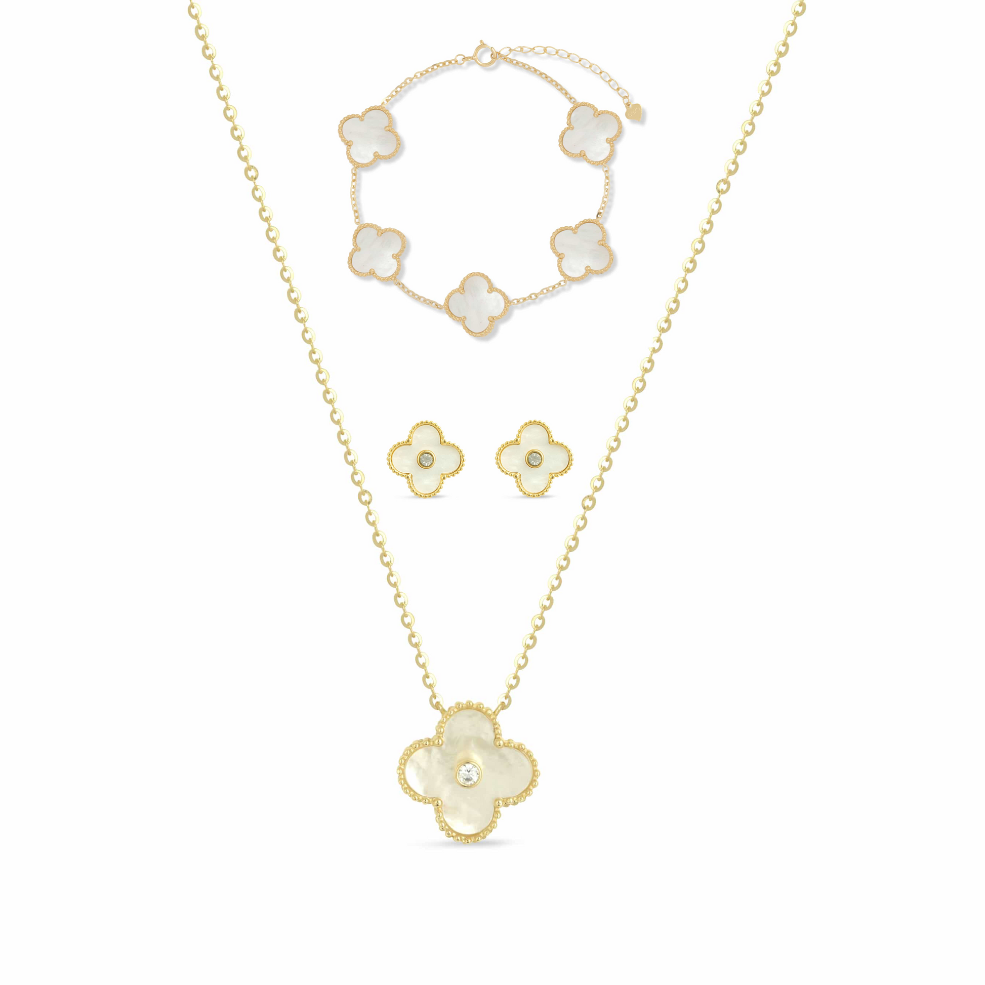Sterling Silver Gold Plated Mother of Pearl Clover Set - Love & Lilly Jewellery