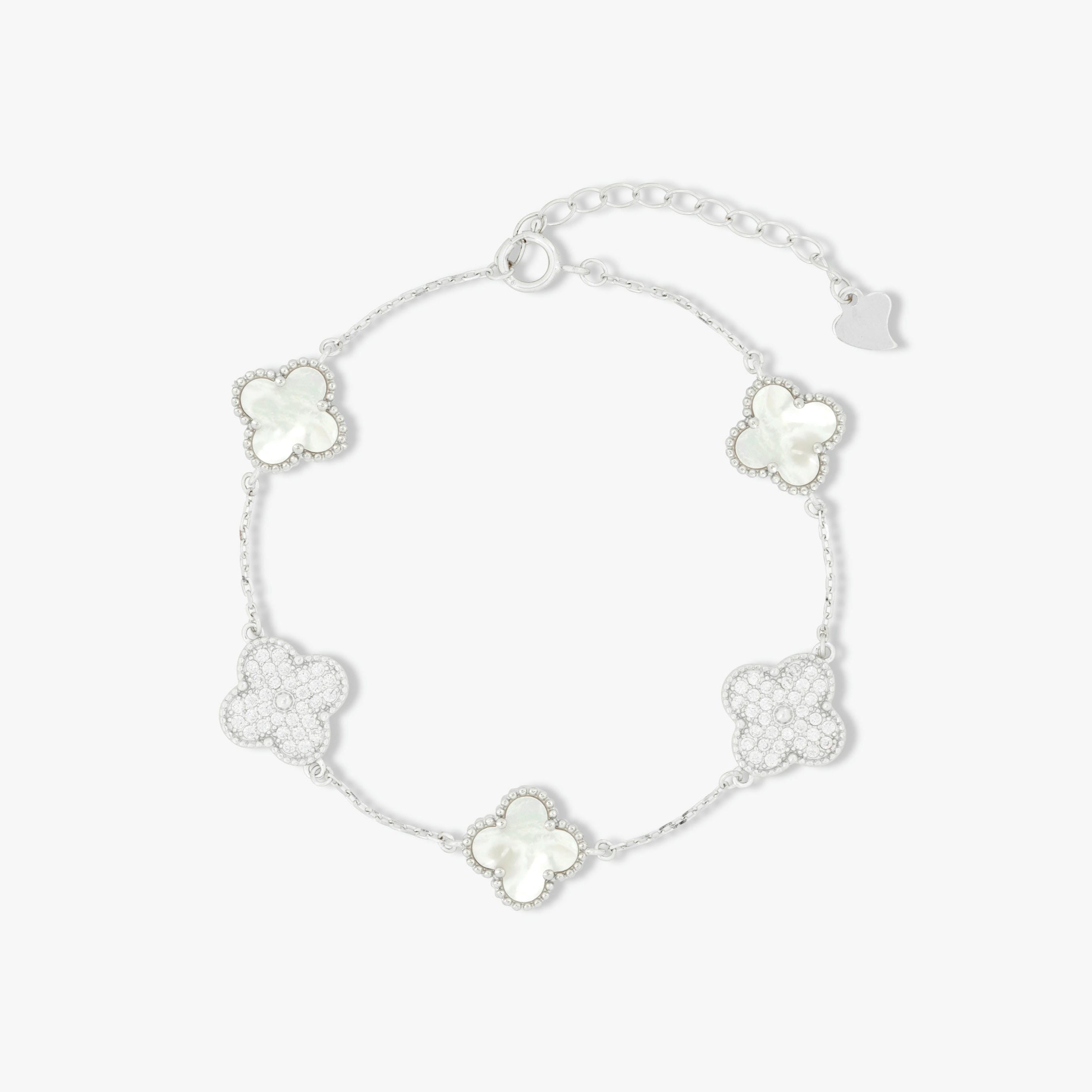 Love and Lilly Jewellery 925 Silver Mother of Pearl and Pave Crystal Mid Size Clover Bracelet