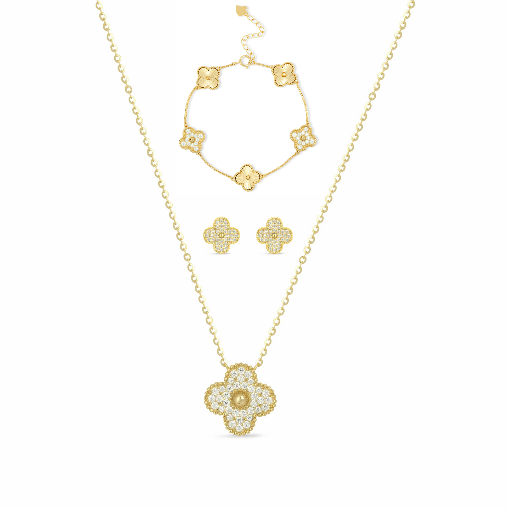 Sterling Silver Gold Plated Pave Crystal Clover Set - Love & Lilly Jewellery