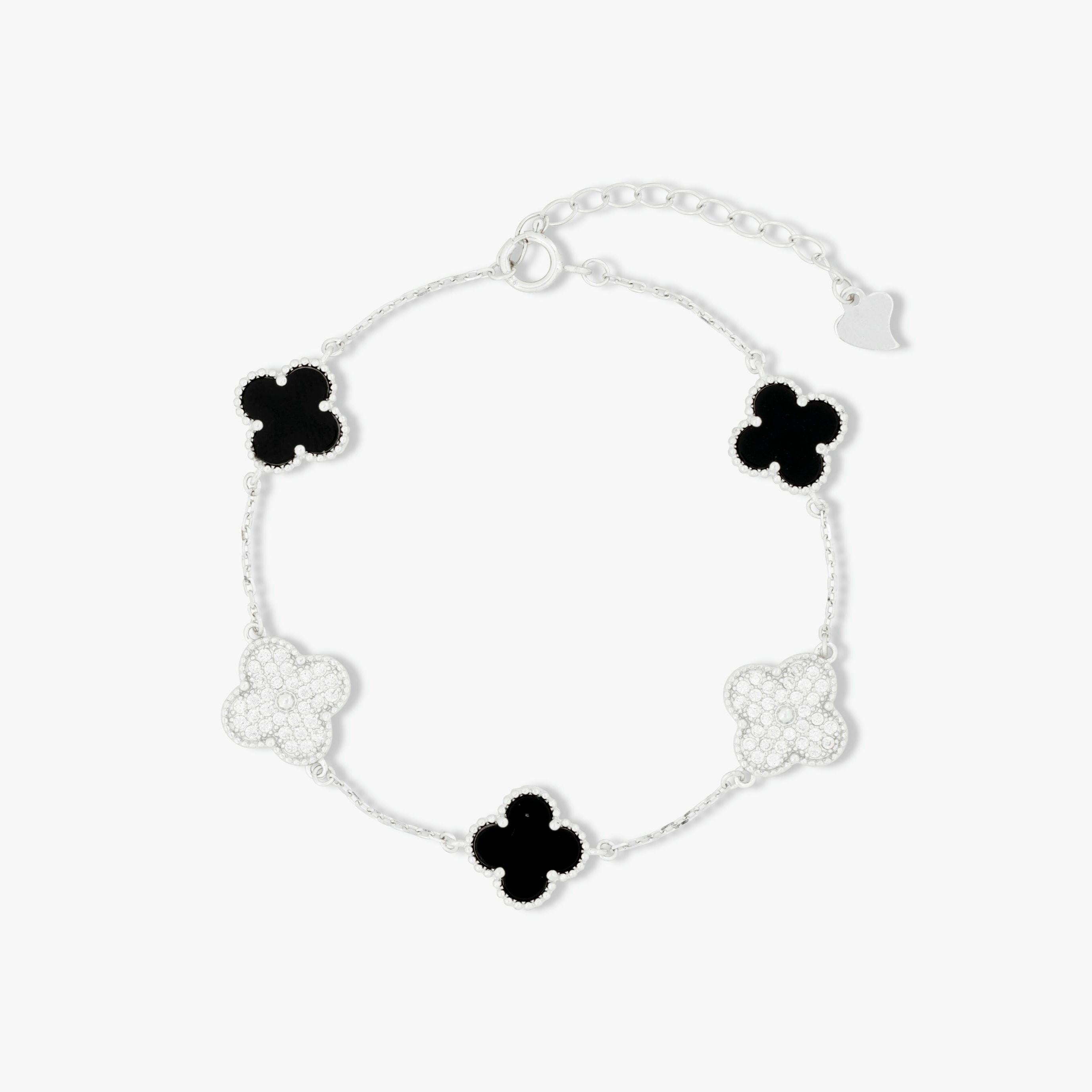 Love and Lilly Jewellery 925 Silver Onyx and Pave Crystal Mid Size Clover Bracelet