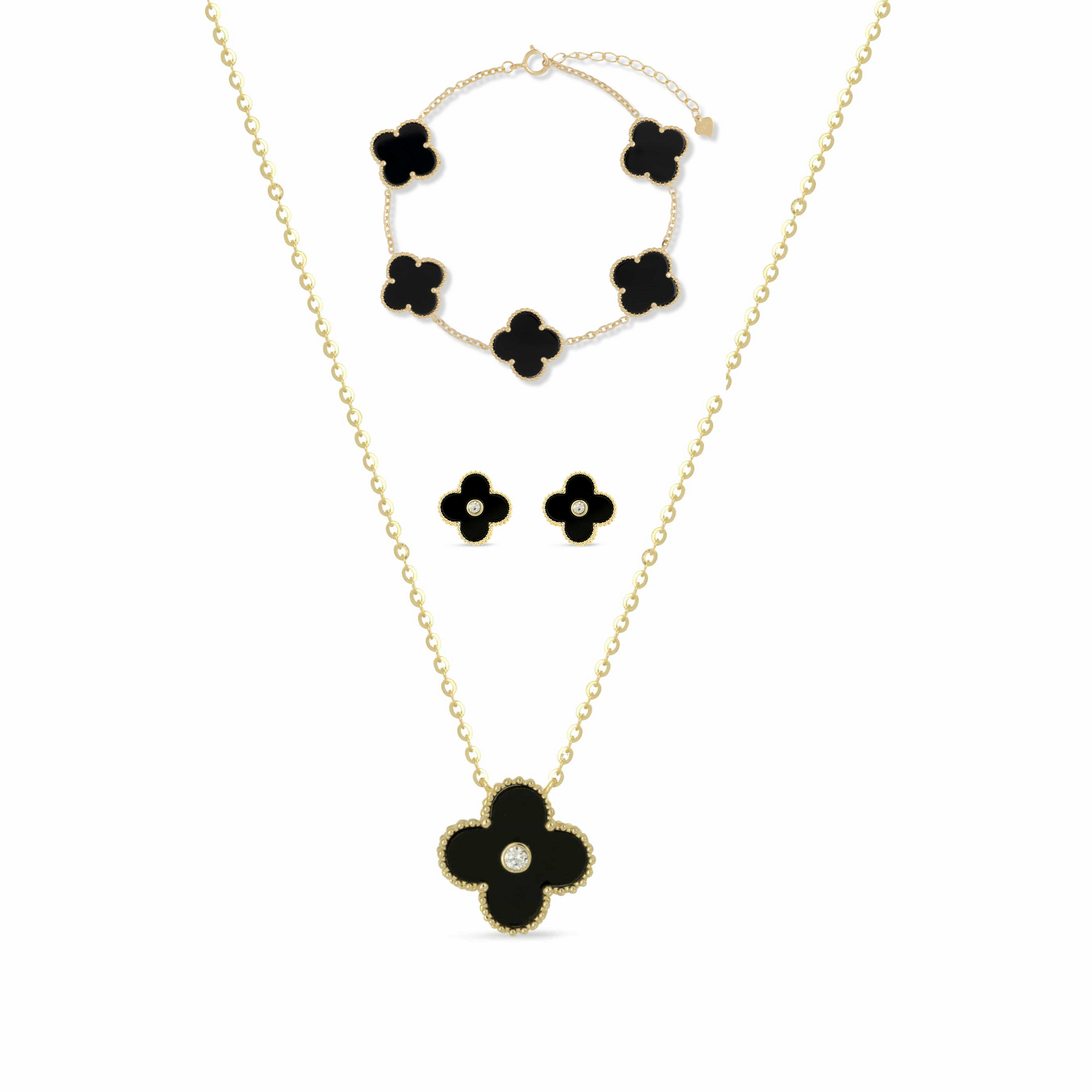 Sterling Silver Gold Plated Onyx Clover Set - Love & Lilly Jewellery