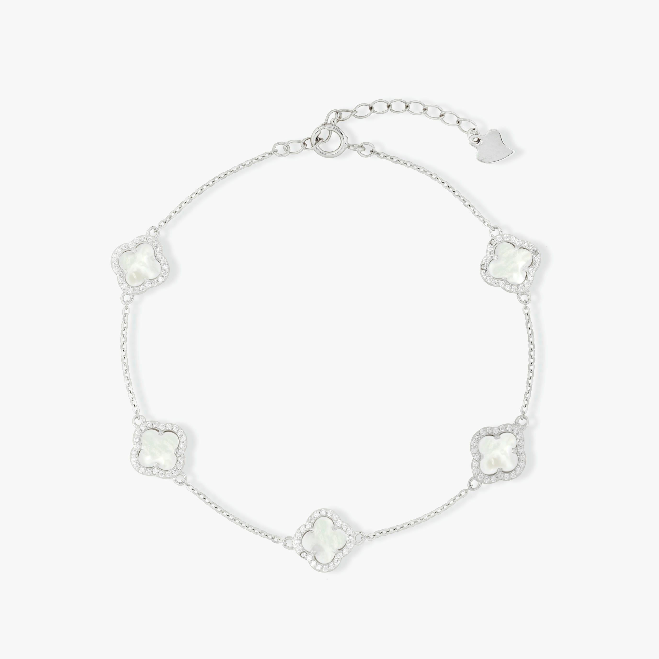 Love and Lilly Jewellery Mother of Pearl and 925 Silver Mini Clover Bracelet, with a Crystal Surround
