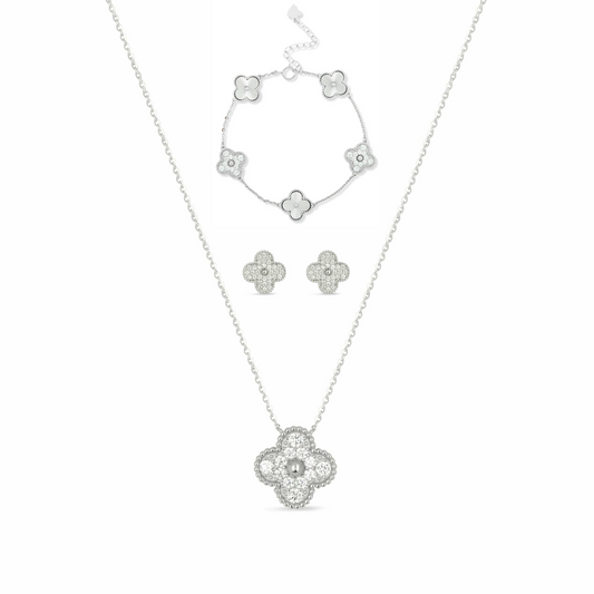 Sterling Silver Platinum Plated Pave Crystal Clover Set - Love & Lilly Jewellery
