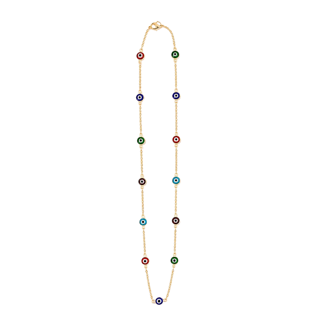 Necklace with multicolored beads on a white background