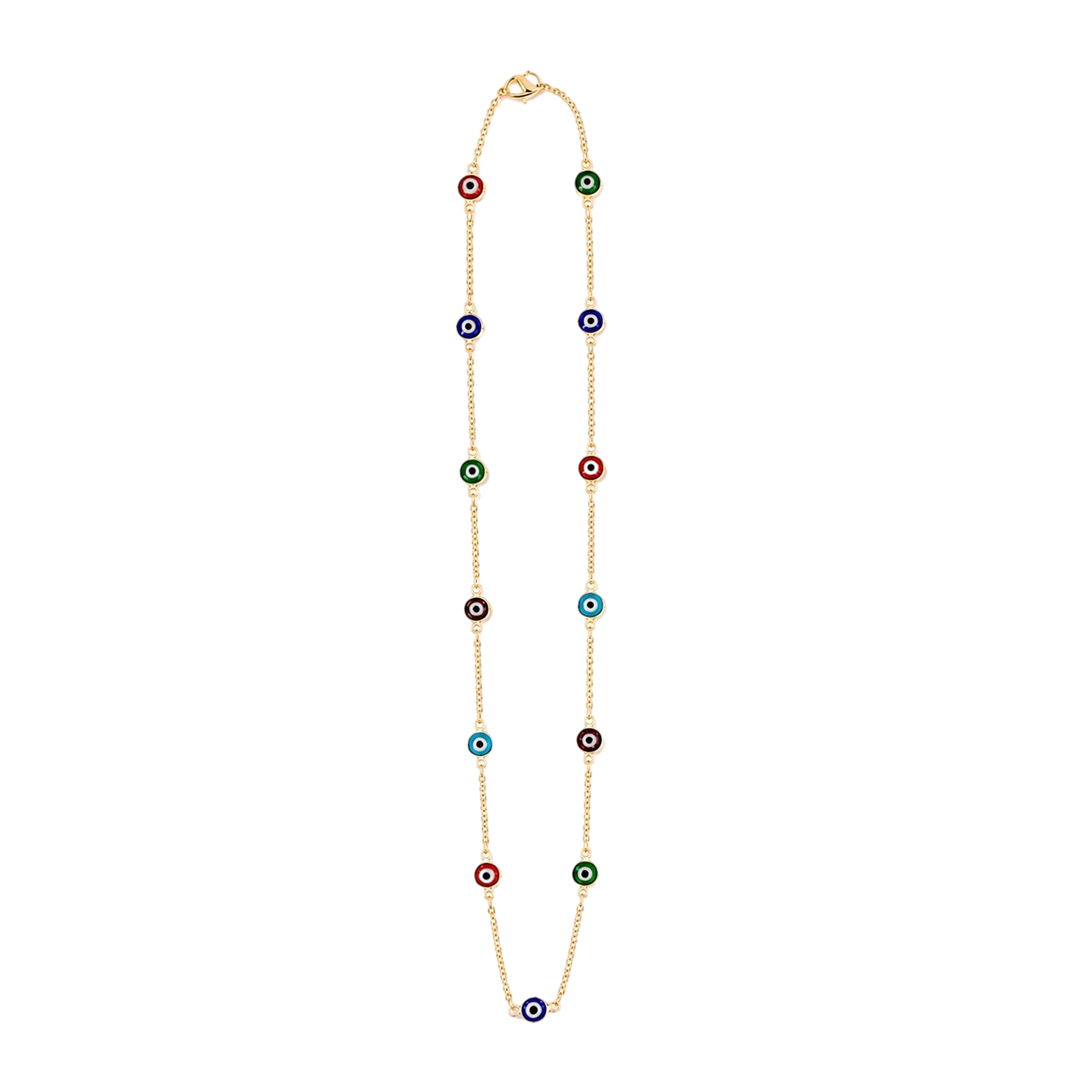 Necklace with multicolored beads on a white background