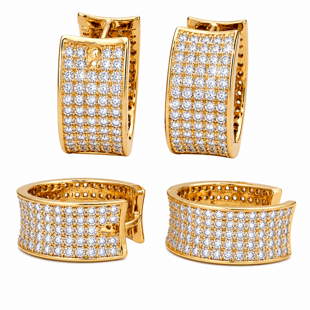 Gold hoop earrings with diamond accents on a white background
