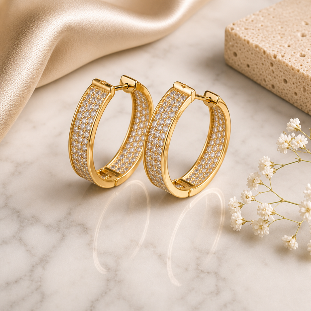 18ct Gold Pave Crystal Oval Shaped Hoop Earrings