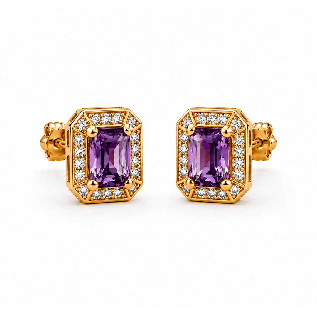18ct Gold Purple Cubic Zirconia Stud Earrings