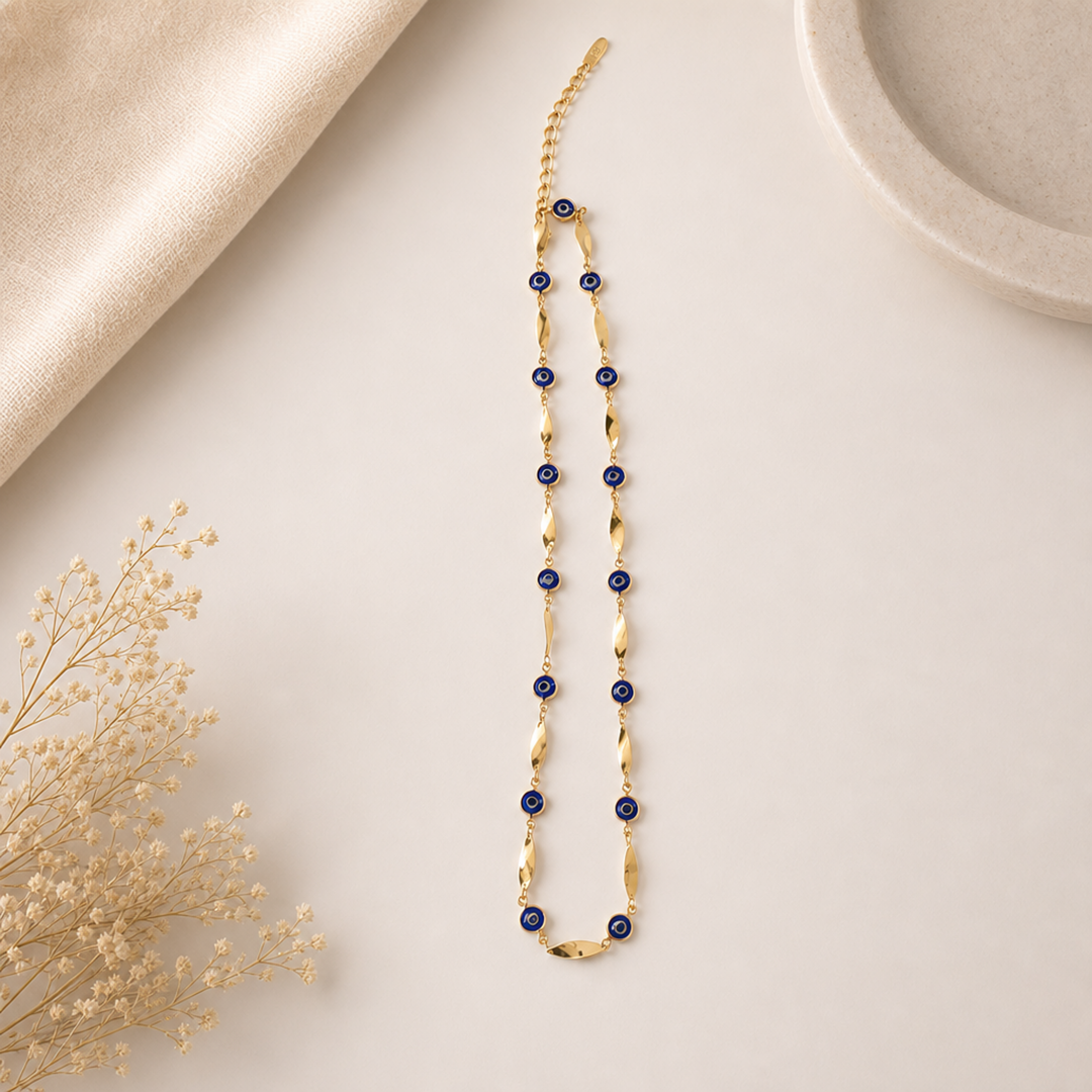 18ct Gold & Cobalt Blue Evil Eye Beaded Necklace