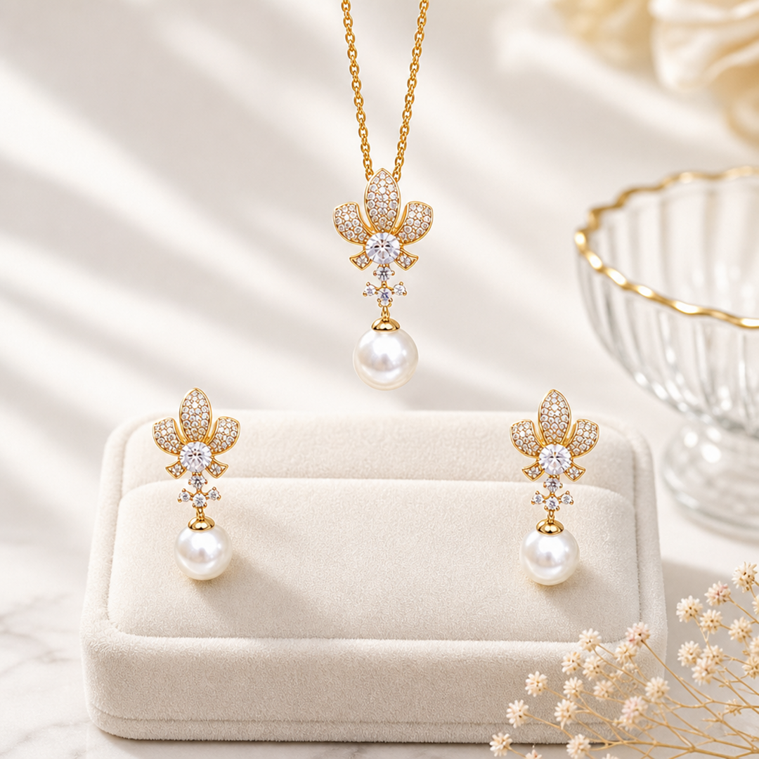 Crystal & Pearl Drop Earring and Pendant Set | 18ct Gold-Plated