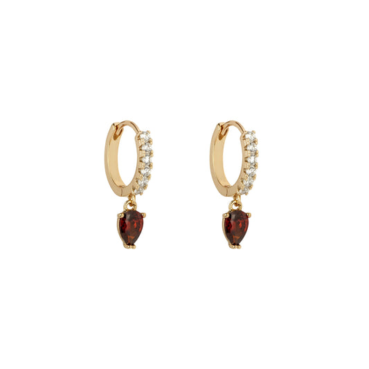 Brilliant Gold Tones and Crystal Mini Hoops with a Ruby Crystal Drop - Love & Lilly Jewellery